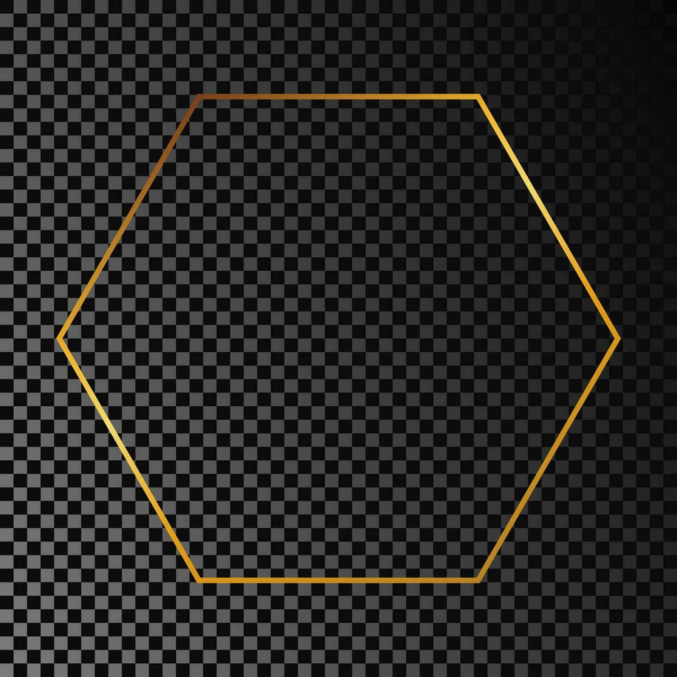 Gold glowing hexagon frame isolated on dark background. Shiny frame with glowing effects. Vector illustration.