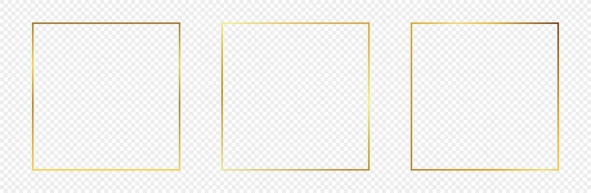 Set of three gold glowing square frames isolated on background. Shiny frame with glowing effects. Vector illustration.