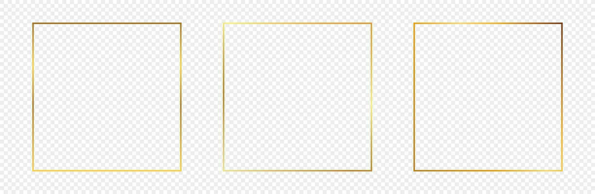 Set of three gold glowing square frames isolated on background. Shiny frame with glowing effects. Vector illustration.