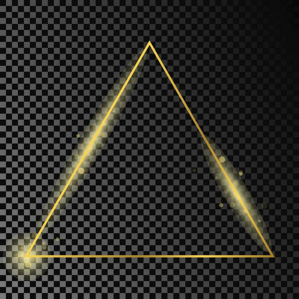 Gold glowing triangle frame isolated on dark background. Shiny frame with glowing effects. Vector illustration.