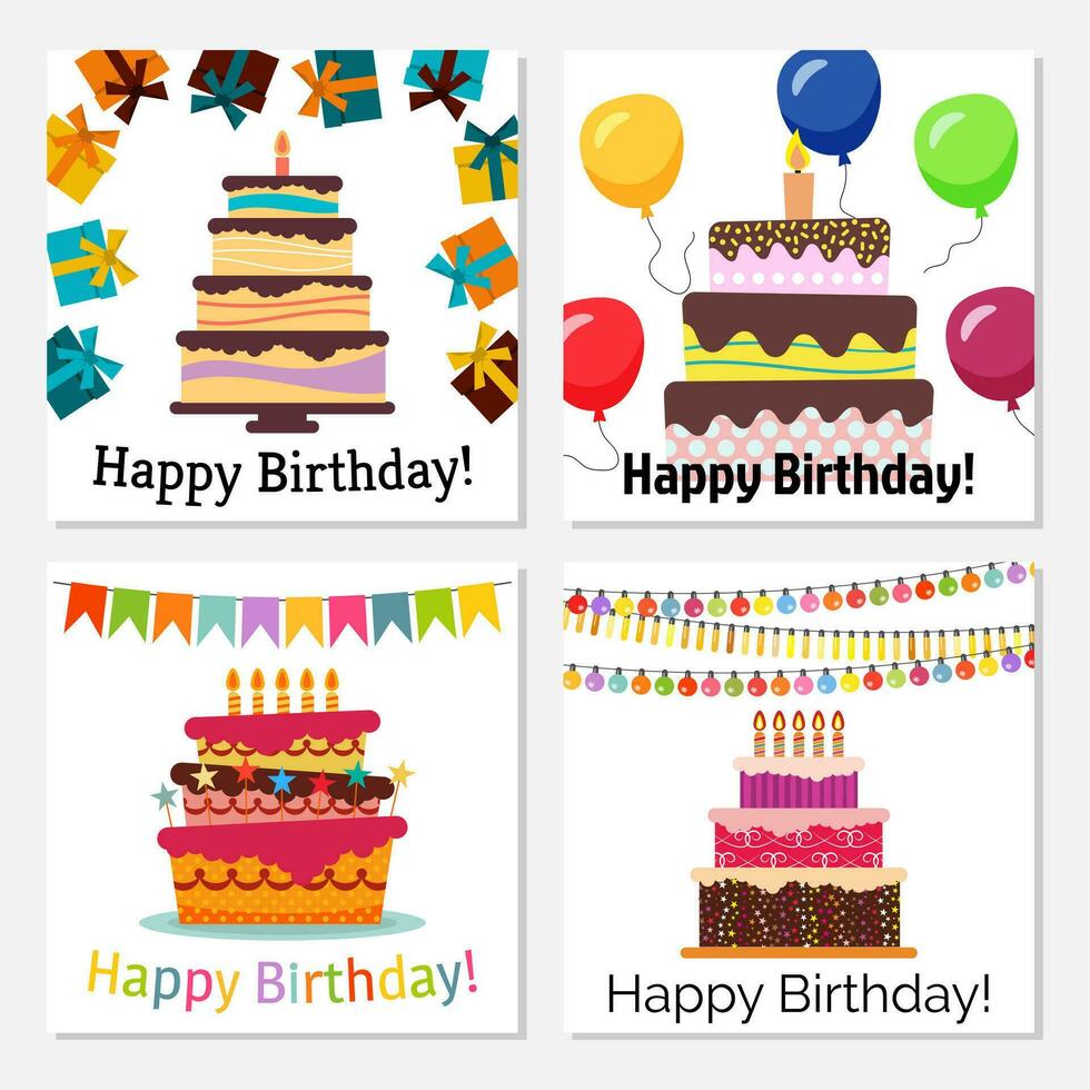 conjunto de cuatro saludo tarjetas con dulce pastel para cumpleaños celebracion. vector ilustración