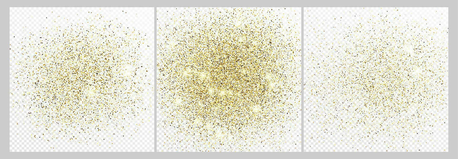 Set of three gold glitter confetti backdrops isolated on white backgrounds. Celebratory texture with shining light effect. Vector illustration.