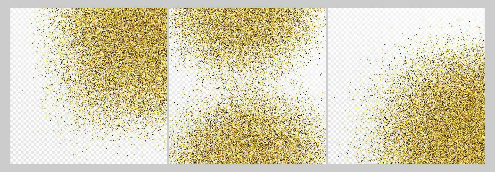 Set of three gold glitter confetti backdrops isolated on white backgrounds. Celebratory texture with shining light effect. Vector illustration.