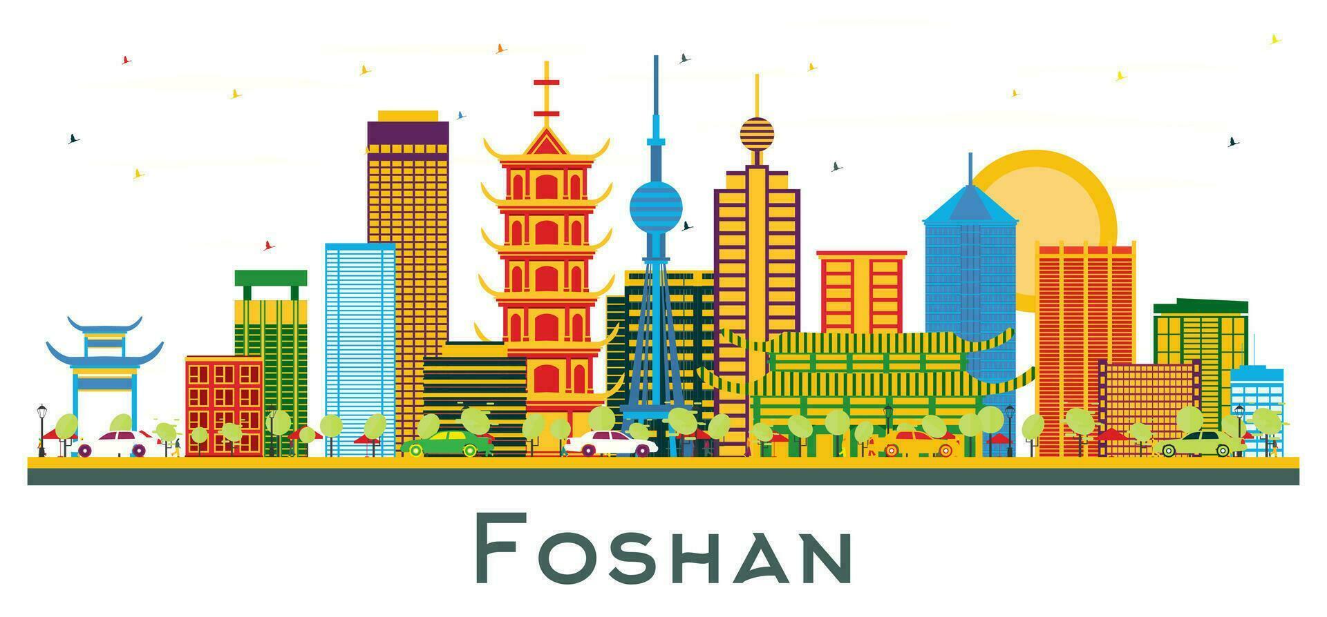 Foshan China ciudad horizonte con color edificios aislado en blanco. vector