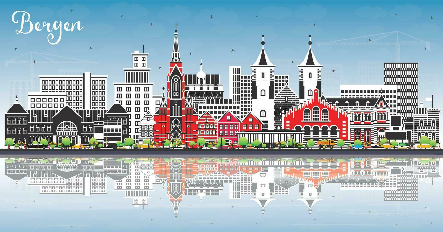 Bergen Norway City Skyline with Color Buildings, Blue Sky and Reflections. Bergen Cityscape with Landmarks. vector