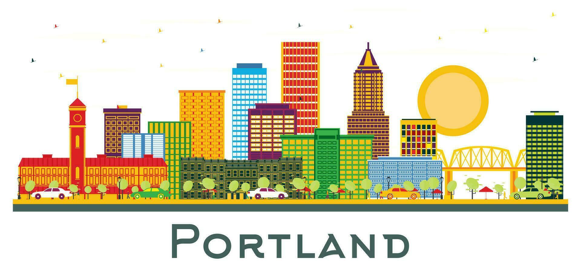 Portland Oregon City Skyline with Color Buildings isolated on white. vector