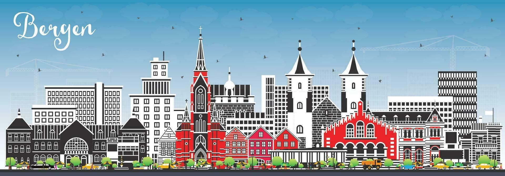 Bergen Norway City Skyline with Color Buildings and Blue Sky. Bergen Cityscape with Landmarks. vector