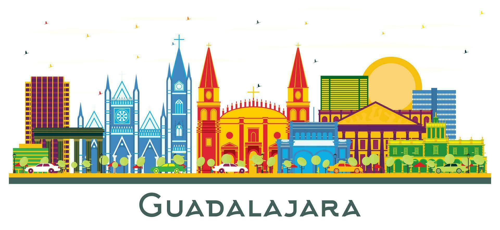 Guadalajara Mexico city Skyline with Color Buildings isolated on white. vector