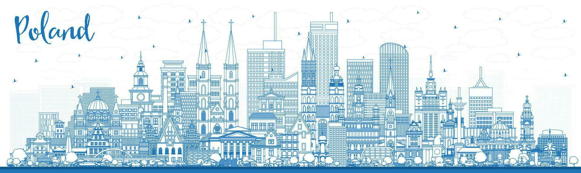 contorno Polonia ciudad horizonte con azul edificios Polonia paisaje urbano con puntos de referencia vector