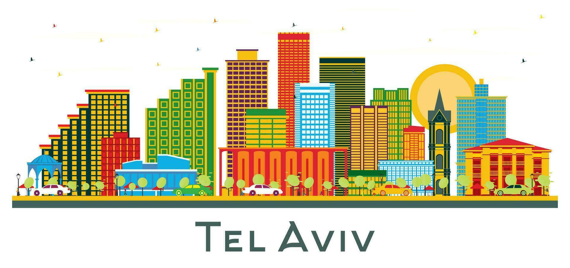 Tel Aviv Israel City Skyline with Color Buildings isolated on white. vector