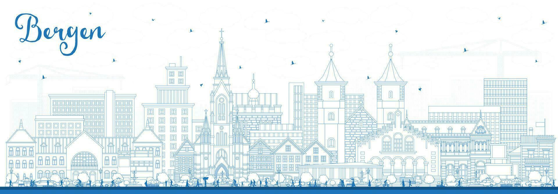 Outline Bergen Norway City Skyline with Blue Buildings. Bergen Cityscape with Landmarks. vector