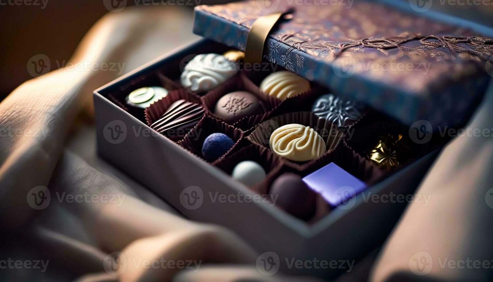 Chocolates and chocolate pralines in a gift box as a luxury holiday present, generative ai photo