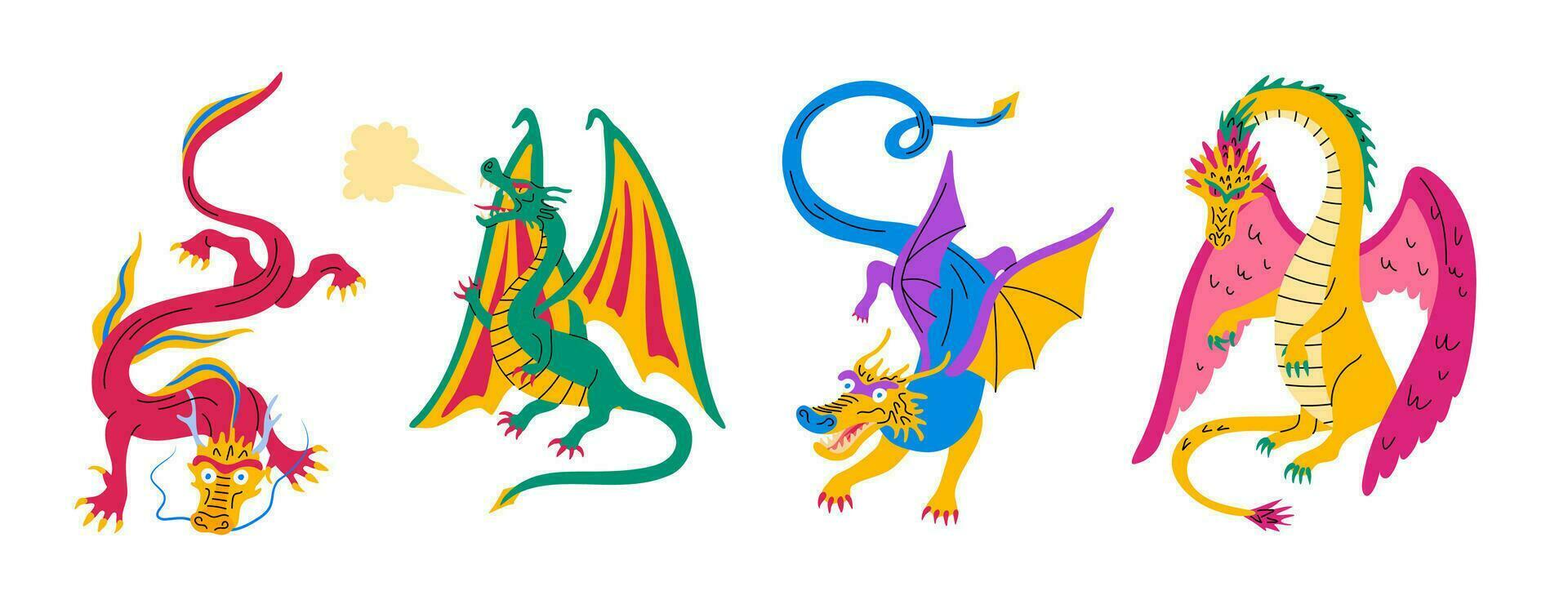 Cartoon Color Different Characters Dragons Set. Vector