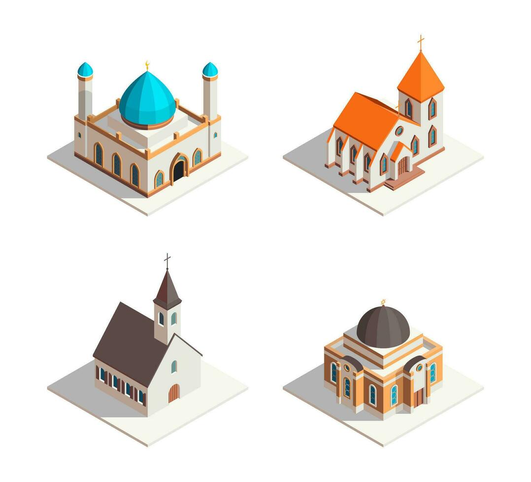 color 3d mezquita, católico iglesia, protestante Iglesia y sinagoga concepto isométrica vista. vector