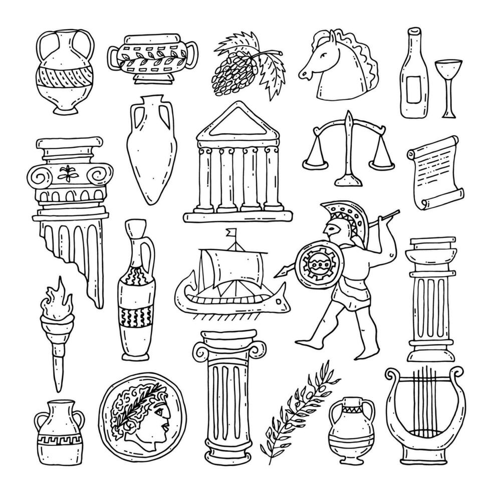 Set of Ancient Greece. Antique column, vases, harp, olive branch, coin, architecture, scales, warrior, horse head, torch. Ancient Greek style. Doodle. Vector illustration. Hand drawn. Outline.