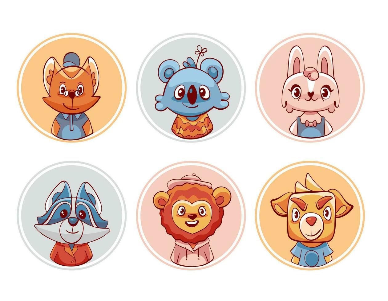 Vector avatar stickers with cute cartoon animal characters - lion, rabbit, cat, dog, raccoon and koala.