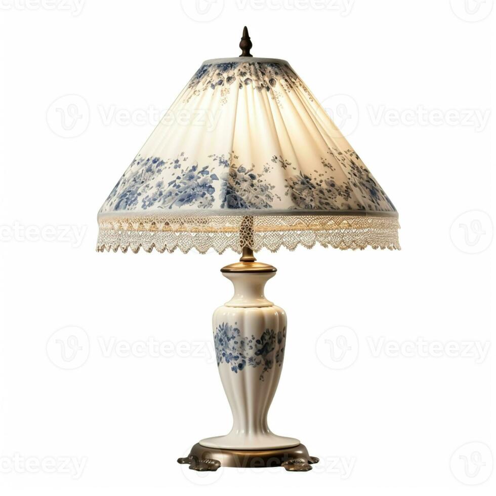 Clásico país estilo antiguo mesa lámpara con un hermosa pantalla de lámpara diseño aislado en blanco fondo, interior diseño y cabaña hogar decoración, posprocesado, generativo ai foto