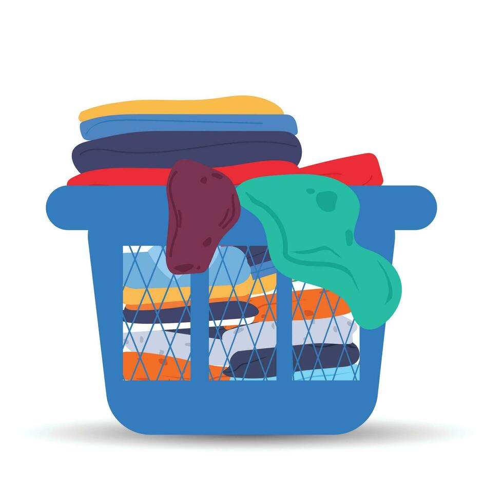 Vector flat illustration of laundry piled up in basket, dirty clothes, housework. house washing