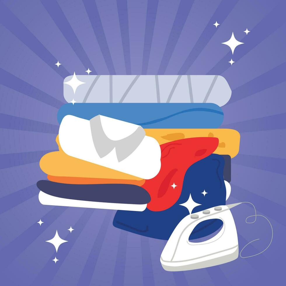 Vector flat illustration of laundry piled up in basket, dirty clothes, housework. house washing