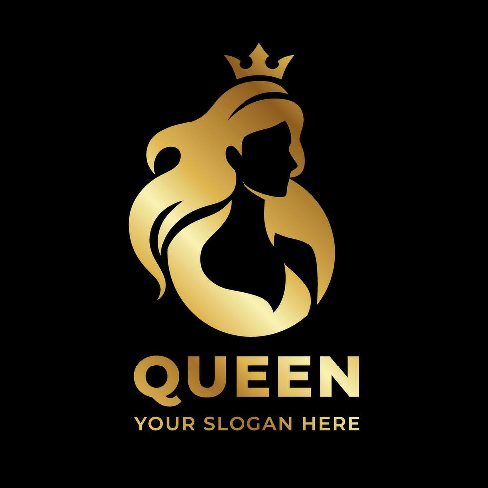 elegante lujo oro logo con hermosa cara de joven adulto mujer con largo cabello. princesa, reina, corona. sexy símbolo silueta de cabeza y texto letras vector