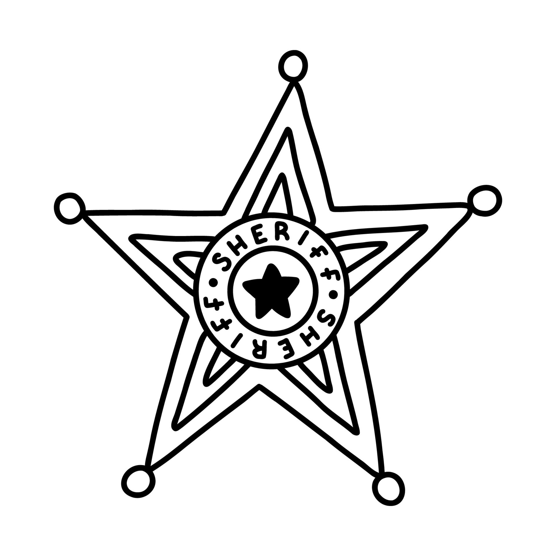 Sheriff badge doodle in the star shape with hand drawn outline. Cute emblem  of western police, sign of law, security and justice. Wild West and cowboy  symbol with shields isolated on background.