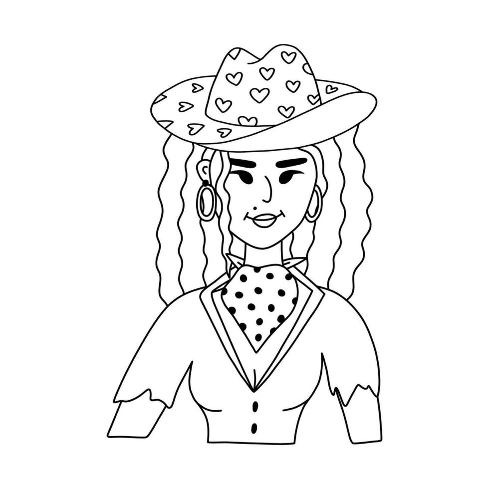 Hand drawn stylish young cowgirl wearing leopard print hat, bandana, shirt. Cute doodle portrait of cow girl of Wild west theme. Vector western female character for print design, poster, cowboy party
