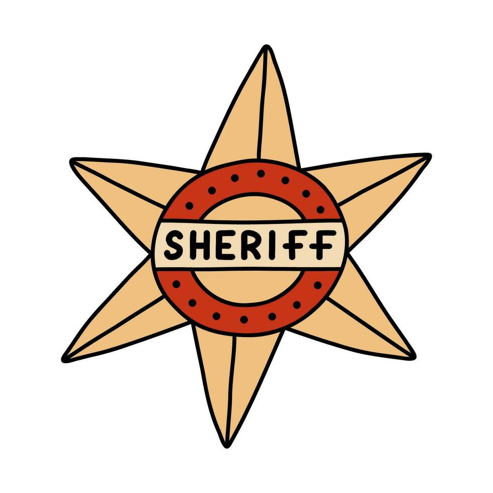 Sheriff badge doodle in the star shape with hand drawn outline. Cute emblem of western police, sign of law, security, justice. Wild West and cowboy symbol with golden elements isolated on background vector