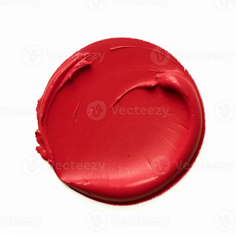 Beauty swatch and cosmetic texture, circle round red lipstick sample isolated on white background, paraffin wax sealing stamp, generative ai photo