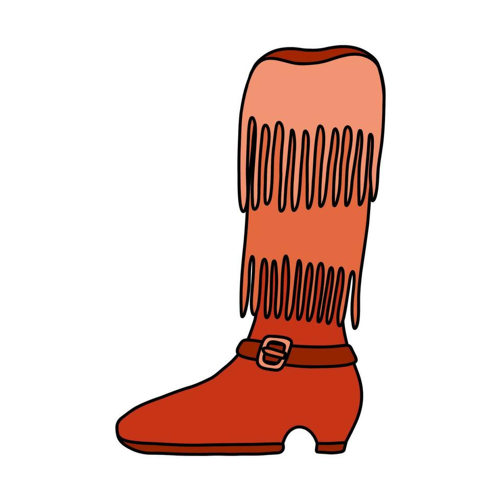 Hand drawn doodle with outline of retro cowboy boots with traditional fringe, belt. Vector cowgirl and cowboy boots in western style. Funny shoes of Wild West with ornament for poster, t-shirt print