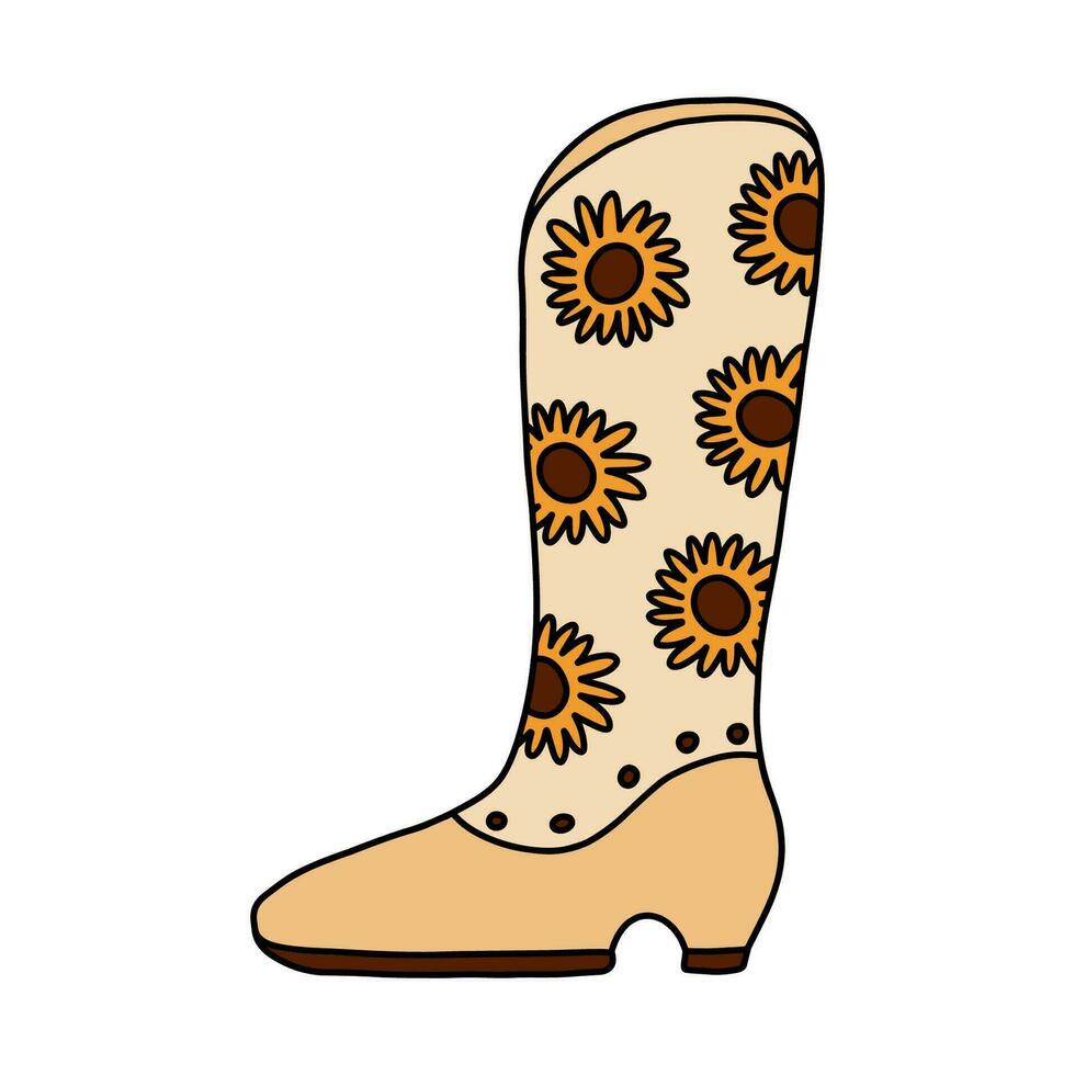 Hand drawn doodle with outline of retro cowgirl boots with sunflower pattern. Vector woman boots in cowboy western style. Simple shoes of Wild West with flower ornament for cowboy party design.