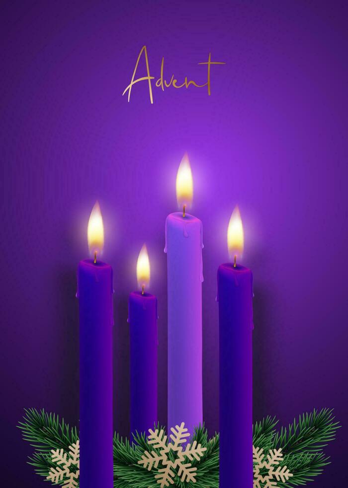 Advent candles on a dark purple background. vector