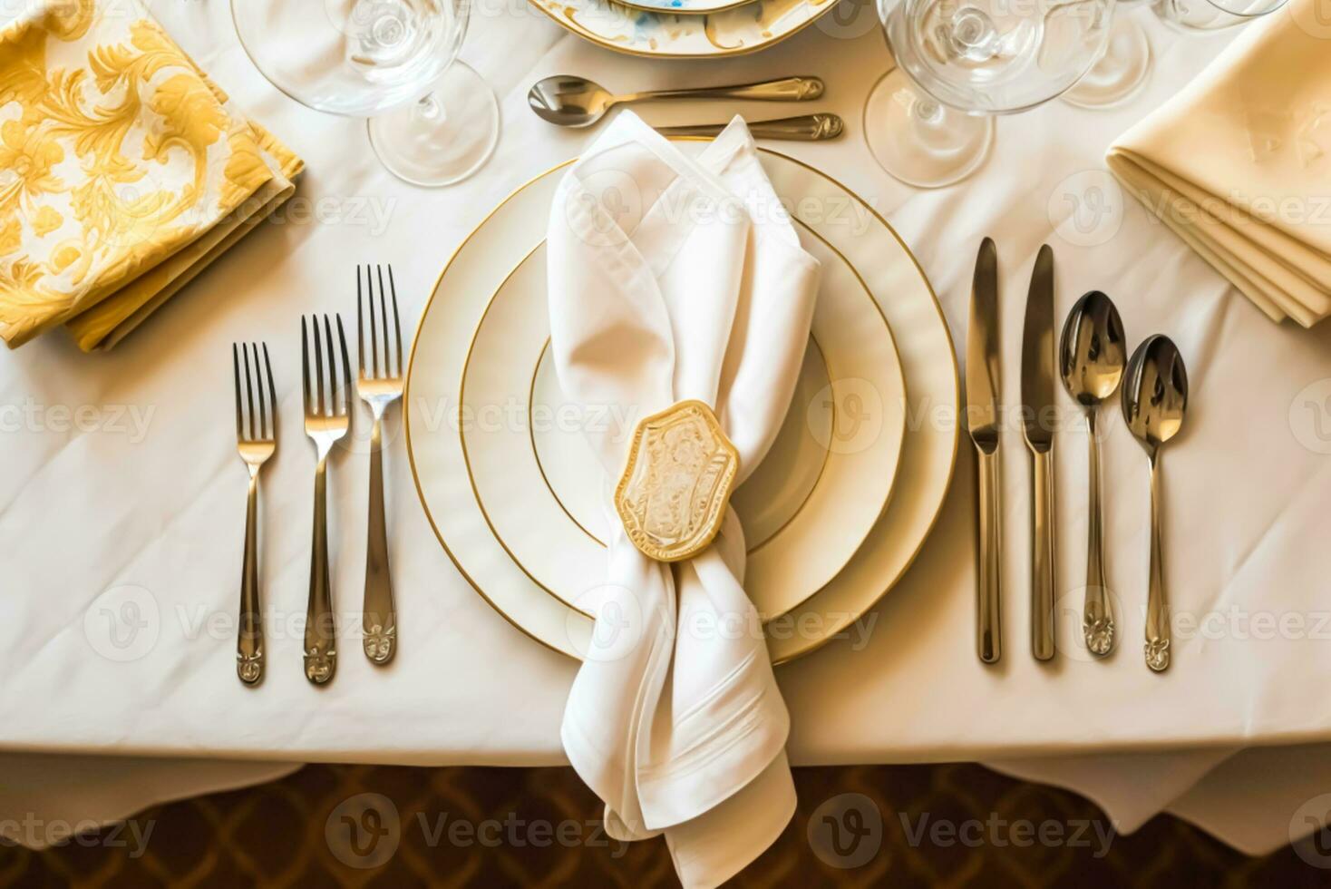 Elegant dinner table setting arrangement in English country style as flatlay tablescape, folded napkin on a serving plate, tableware and holiday table decor, generative ai photo