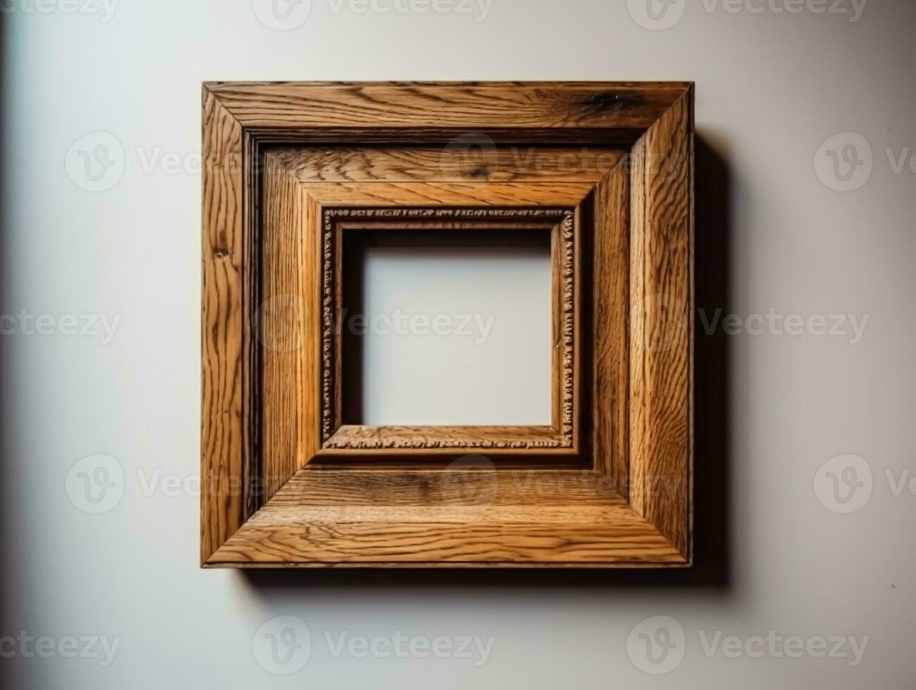 Empty antique wooden square frame for wall art mockup, generative ai photo