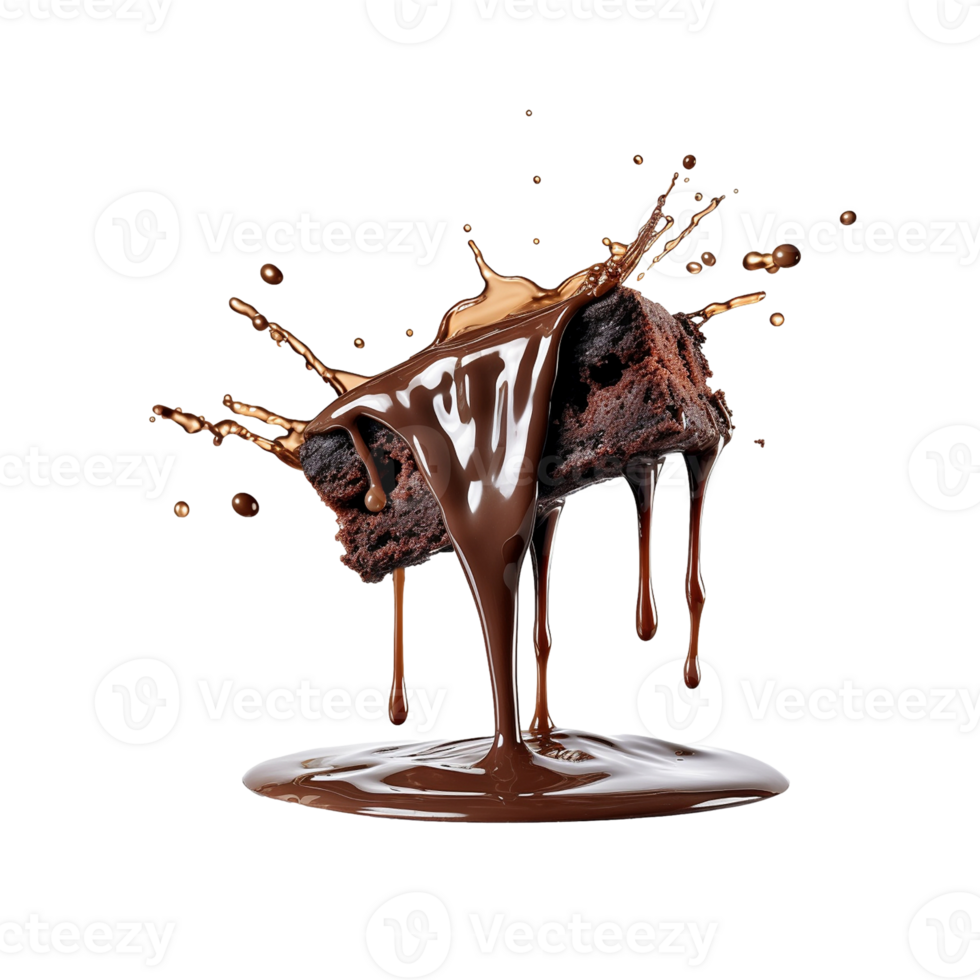 Chocolate flowing on brownie isolated on transparent background, created with generative AI png