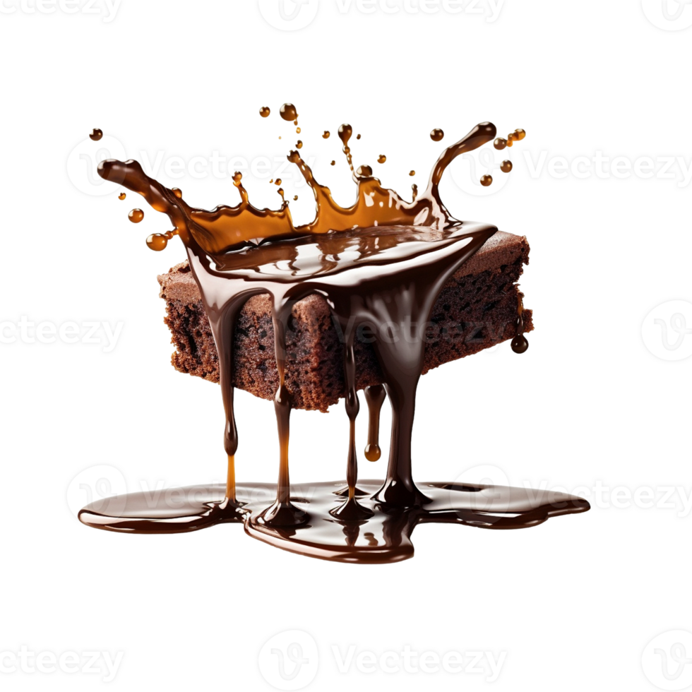 Chocolate flowing on brownie isolated on transparent background, created with generative AI png