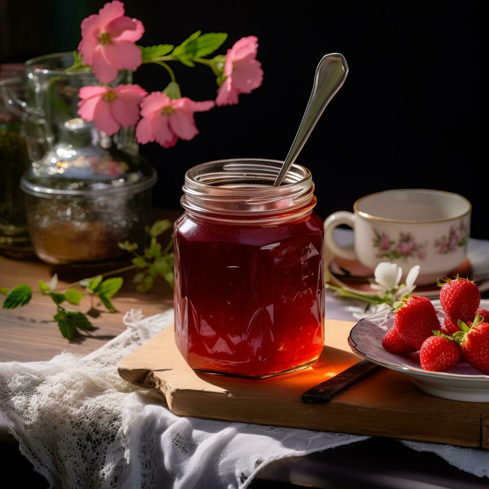 Rustic honey jar with flowers and strawberries photo