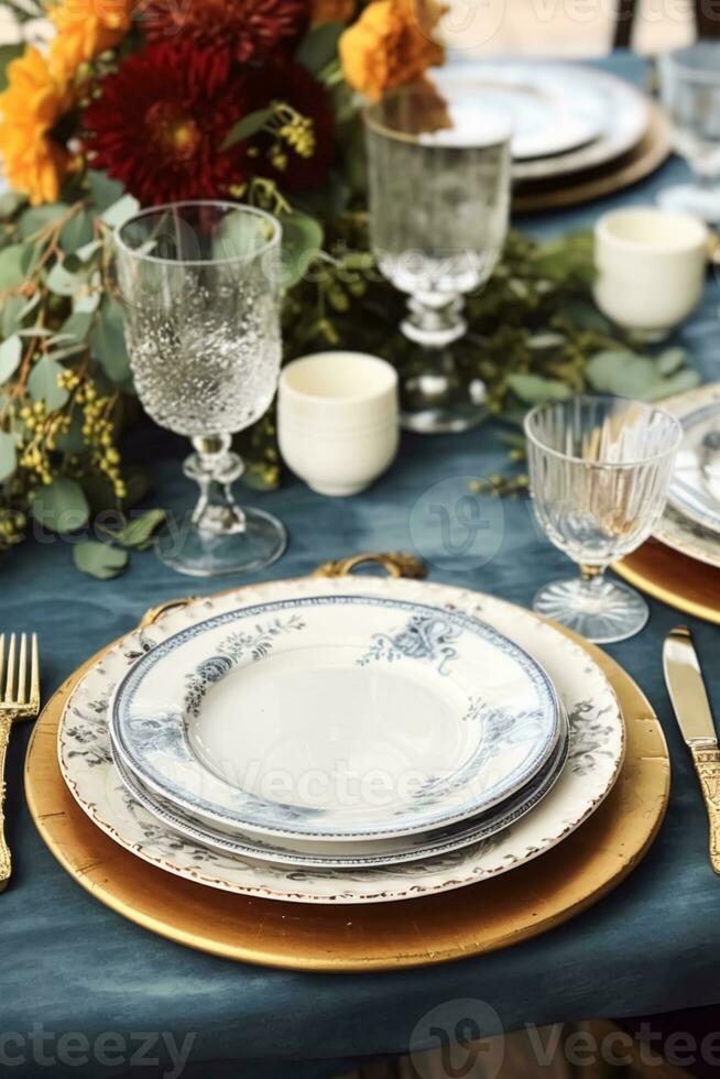 Formal holiday tablescape with blue decor, dinner table setting, table scape with elegant tableware and dinnerware for wedding party and event, generative ai photo