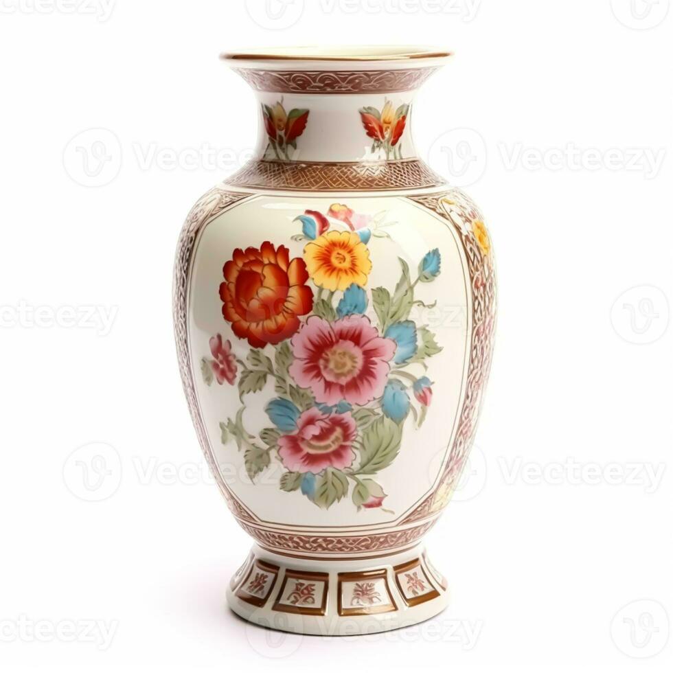 Antique vintage ceramic vase with floral print isolated on white background, country style home decor and interior design, generative ai photo