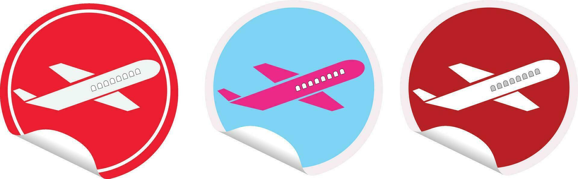 Circle stickers with an airplane Vector set of round adhesive stickers with  folded edges