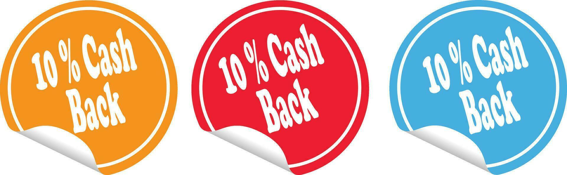 Vector set of round adhesive stickers with folded edges. 10 percent  cash back circle sticker.