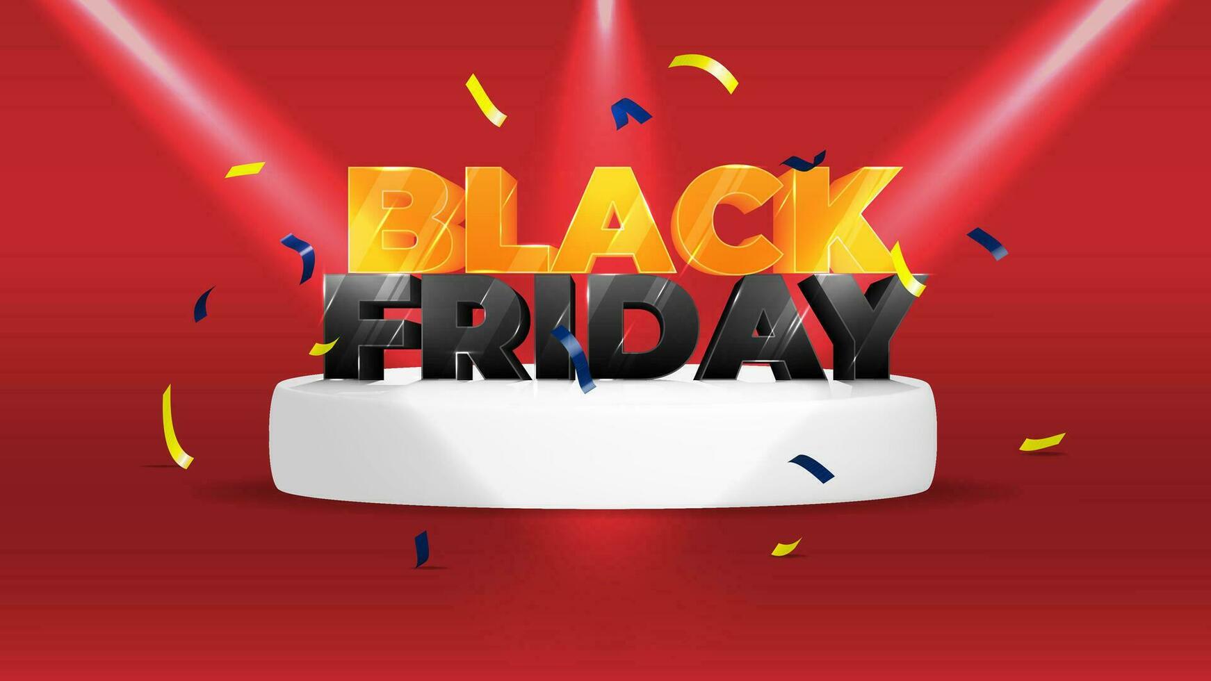 Black Friday Special Sale Advertising Banner Template with Spotlights, Confetti, and Podium on Red Background vector