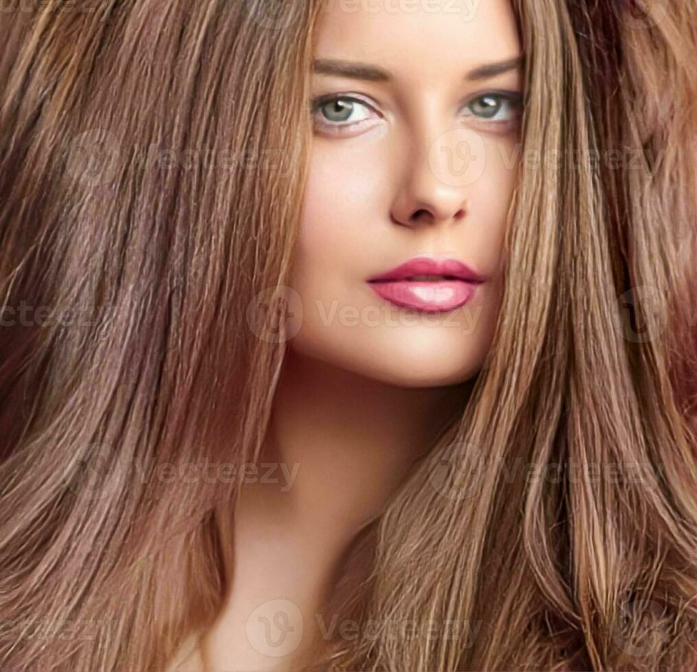 Hairstyle, beauty and hair care, beautiful woman with long natural brown hair, glamour portrait for hair salon and haircare photo