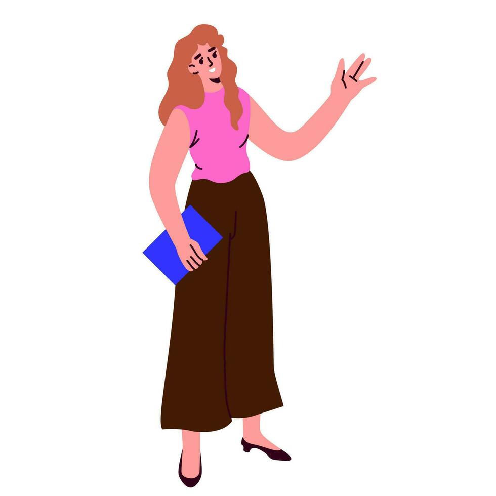 Cheerful and confident woman with folder. Flat vector illustration of character.