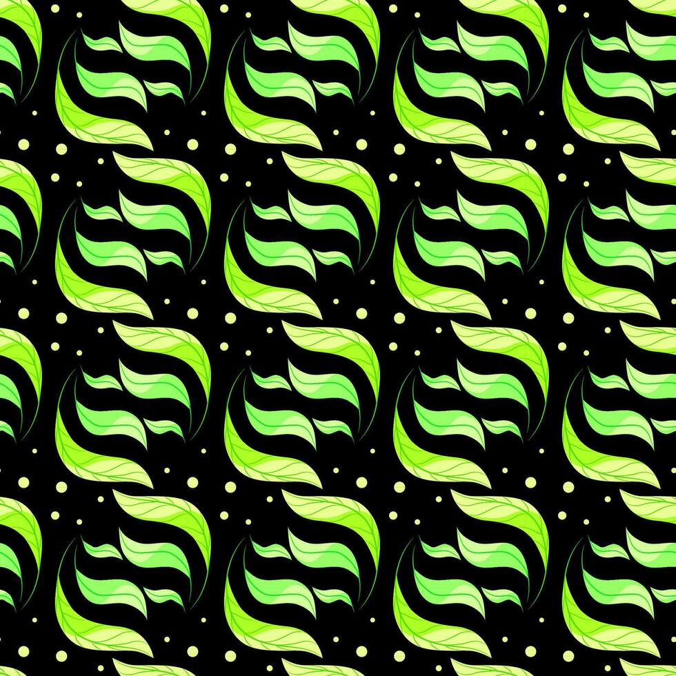 leaves pattern. vector seamless pattern with hand drawn tropical ornament, leaves in green tones on black background. trend flat pattern for printing on fabric. clothes, wrapping paper