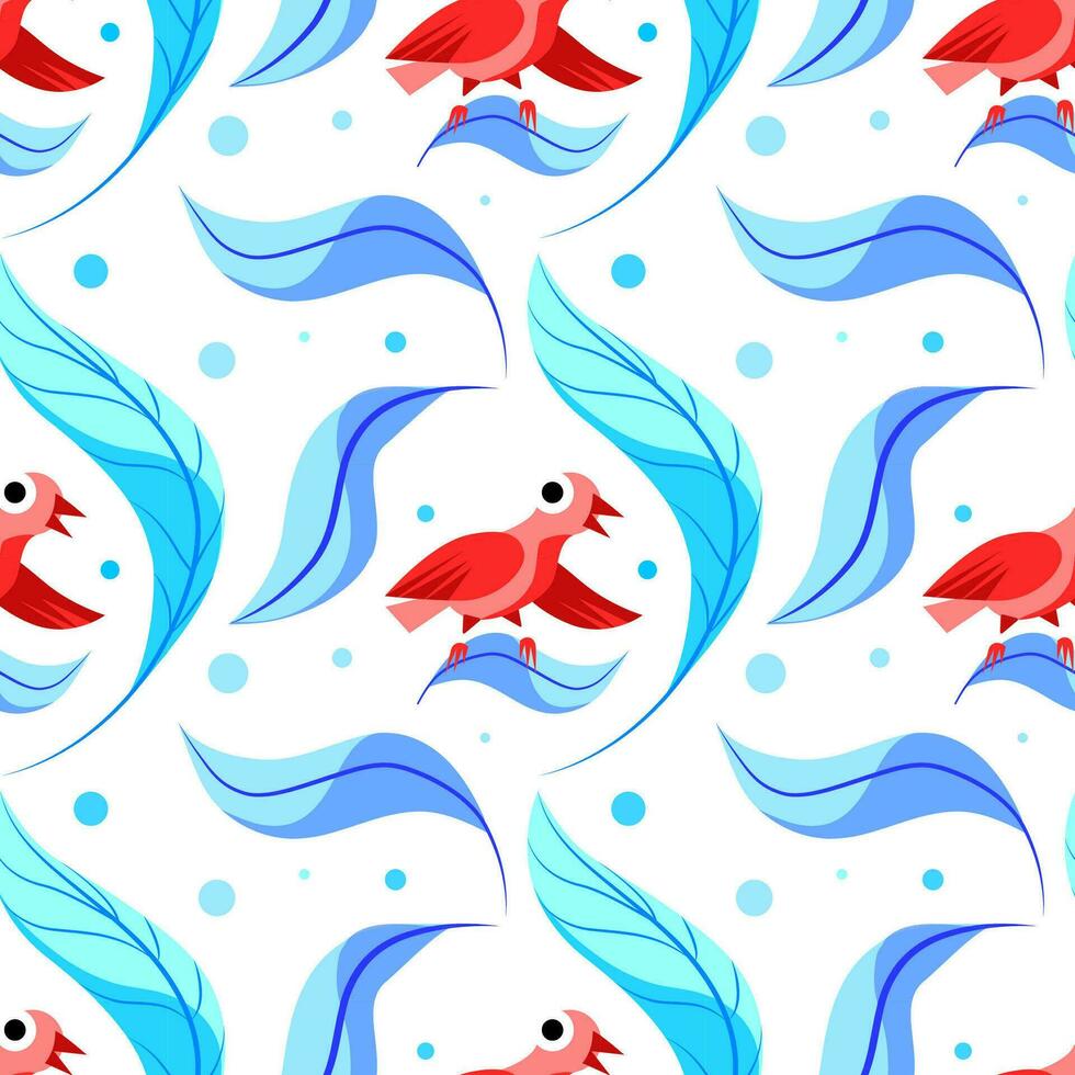 Bird in foliage pattern. Seamless vector cartoon flat vector template. Exotic blue gentle texture for print, poster template.