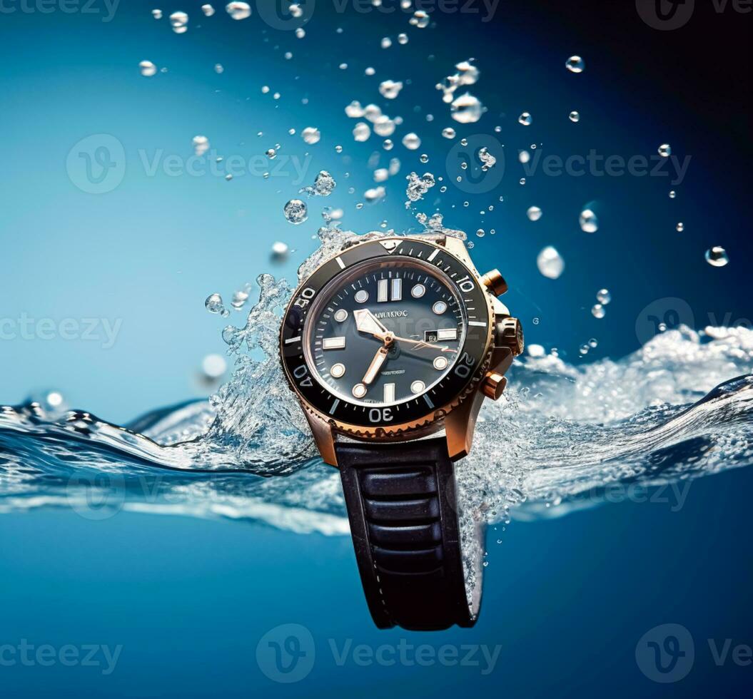 Waterproof luxury mens watch underwater in the ocean or sea commercial concept, bespoke water resistant design, generative ai photo