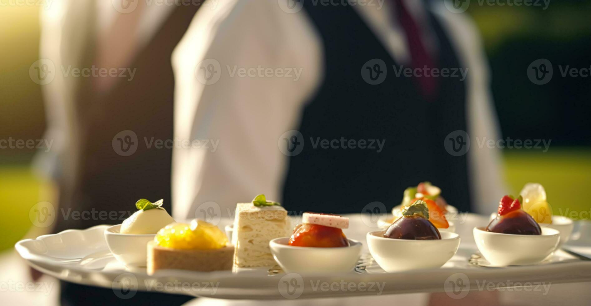 Luxury food service, appetisers by a waiter at a wedding celebration or formal event in classic English style at luxurious hotel or country estate, generative ai photo