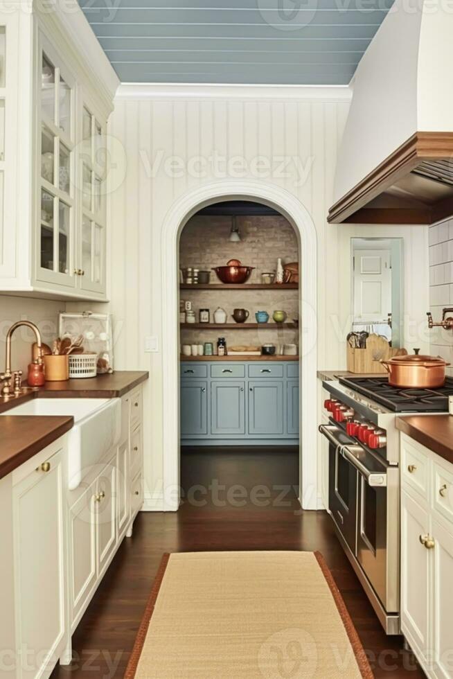 White kitchen decor, interior design and house improvement, classic English in frame kitchen cabinets, countertop and applience in the country house, elegant cottage style, generative ai photo