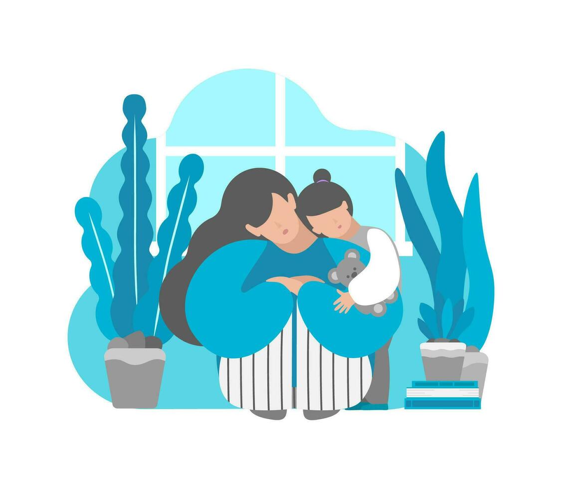 Vector illustration with tired sad lonely mother. Daughter hugs her. Postpartum depression, emotional stress and anxiety in isolation at home.  Difficulties of motherhood to keep mental health