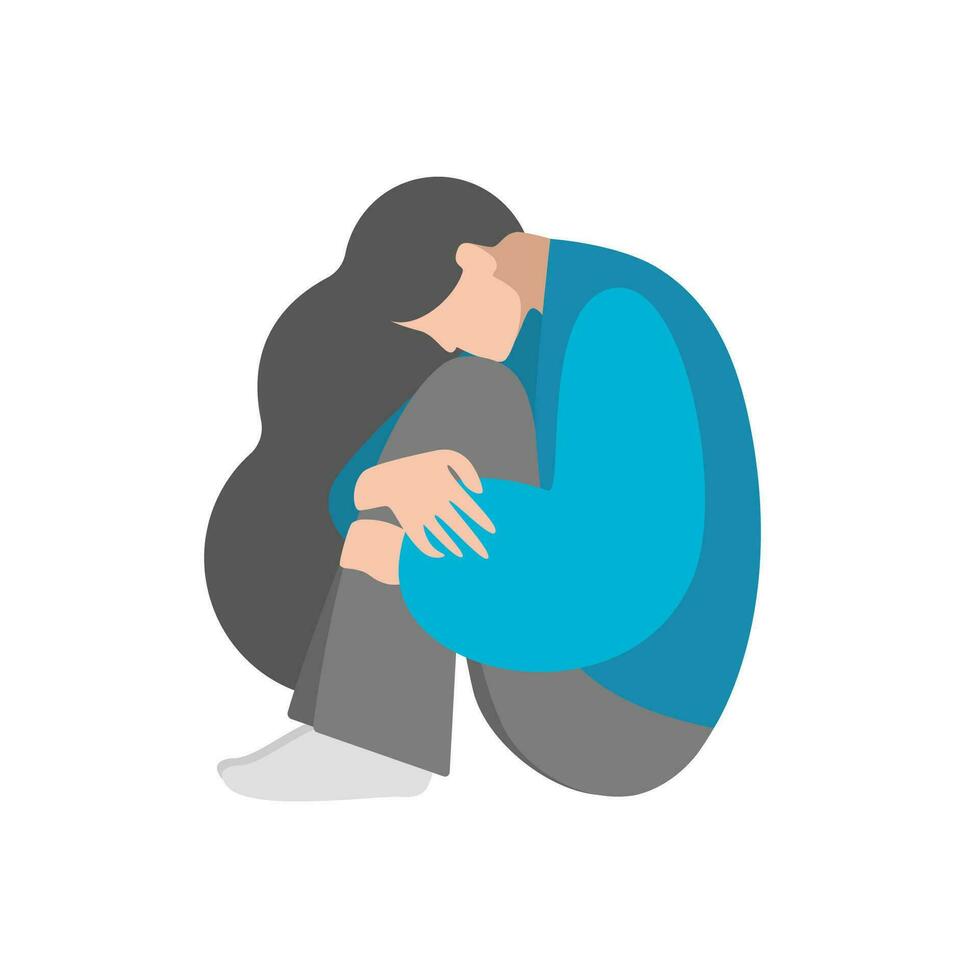 Vector isolated flat illustration with upset young woman sitting and hugging her knees. She is in depressed mood, has keep mental health and need for privacy during quarantine. White background